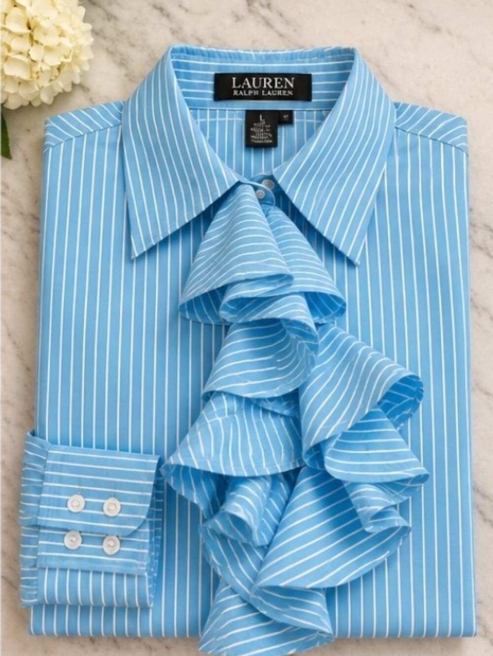 Lauren Ralph Lauren Women’s L Blue White Stripe Ruffle Front Cotton Blouse